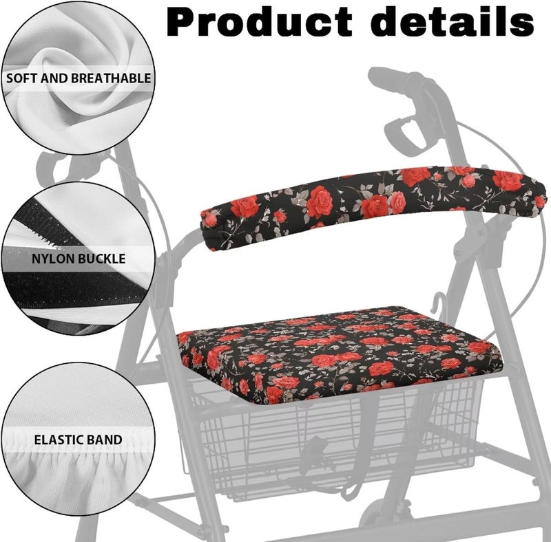 Hechitok Red Rose Rollator Walker Accessories Walker Seat Covers for Ladies Roller Bar Covers Walkers for Seniors with Seat Cover for Seniors - Image 4